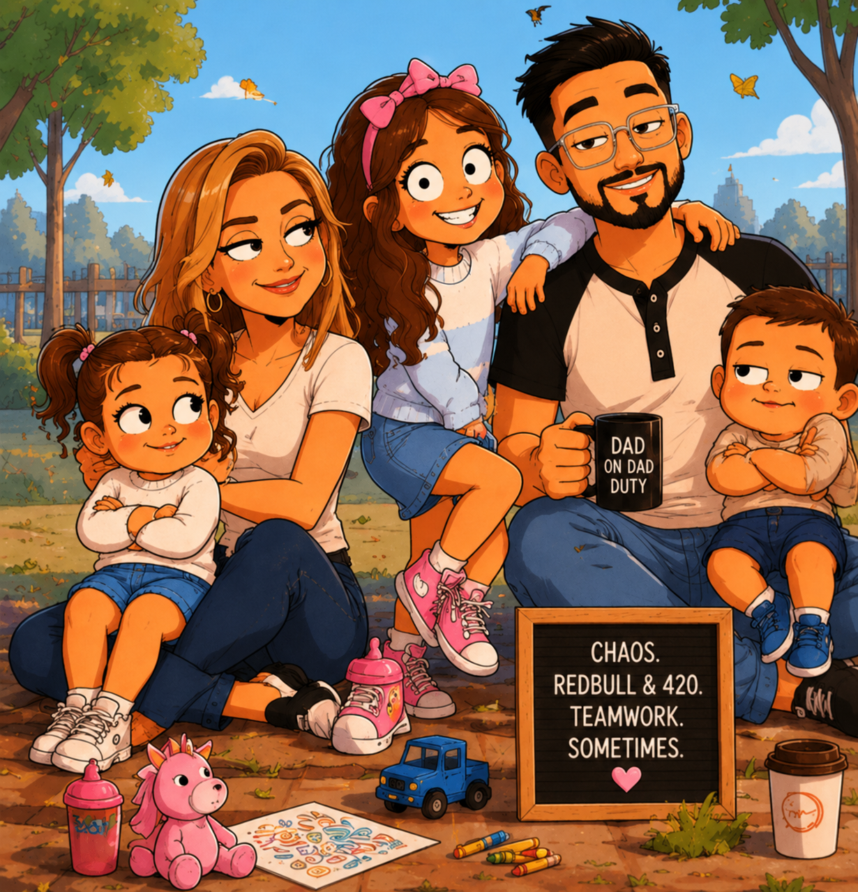 Illustrated portrait of Kristin's family — Mom, Dad, Amelia, Aria, and Theo